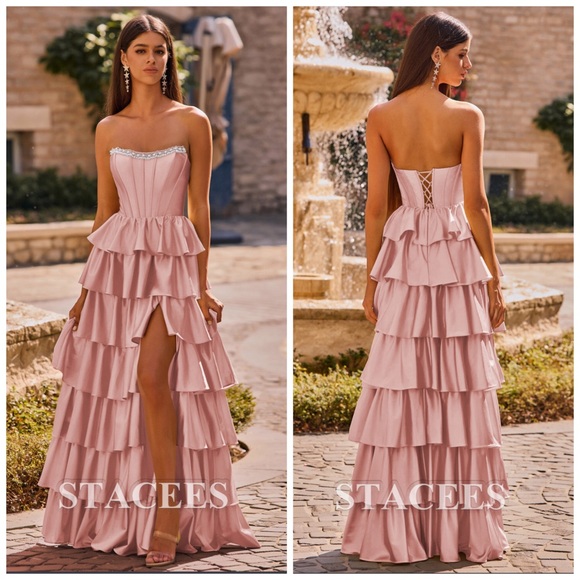 Stacees Pink A-line Strapless Corset Ruffle Slit Long Prom Dress with Beads S 8 - Picture 1 of 16
